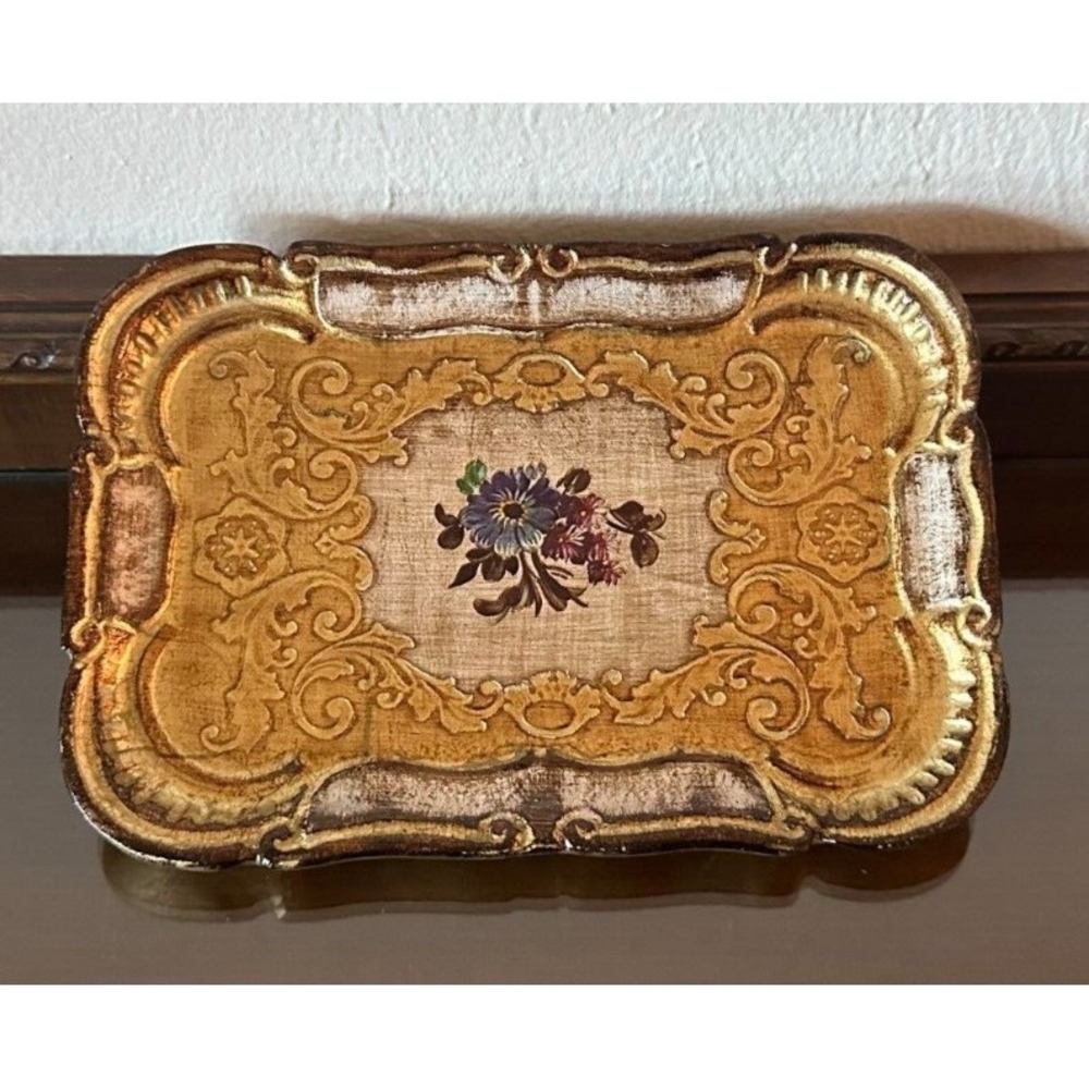 Vintage Mita‎ Florentine Floral Gilt 9'' x 6'' Paper Tray Made in Florence Italy